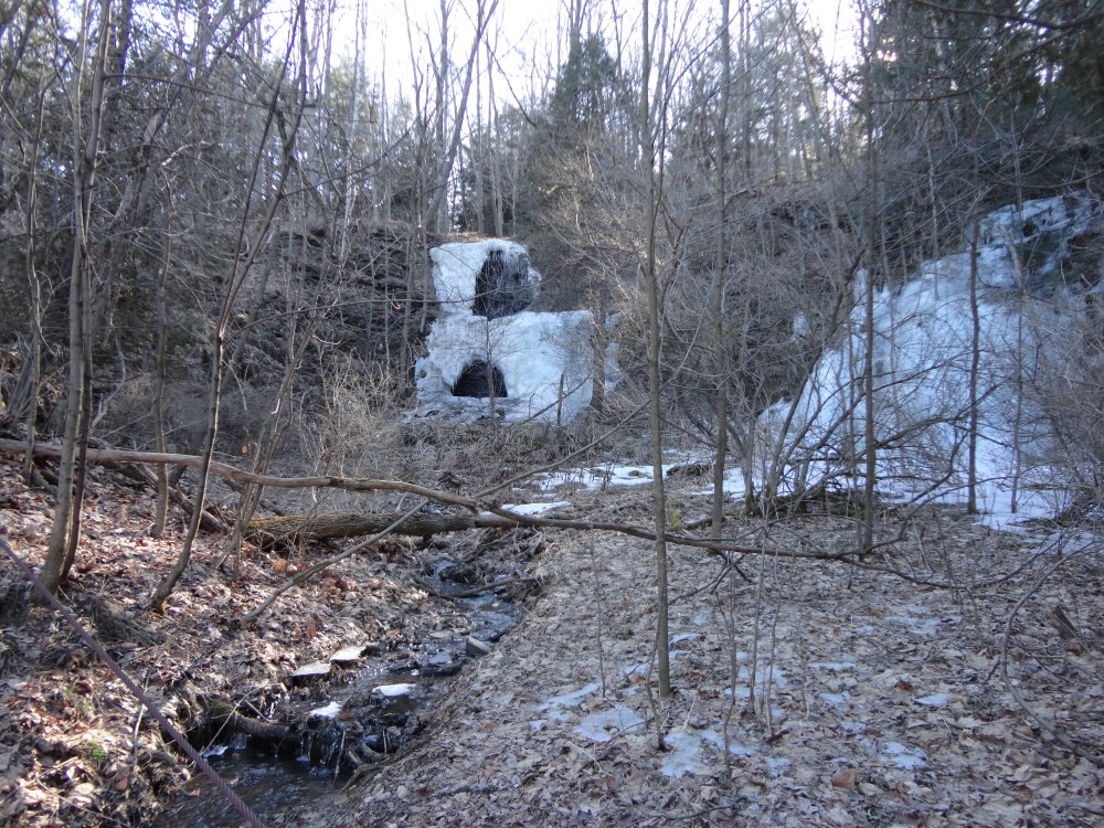 Ice formations seen along the roadway. 