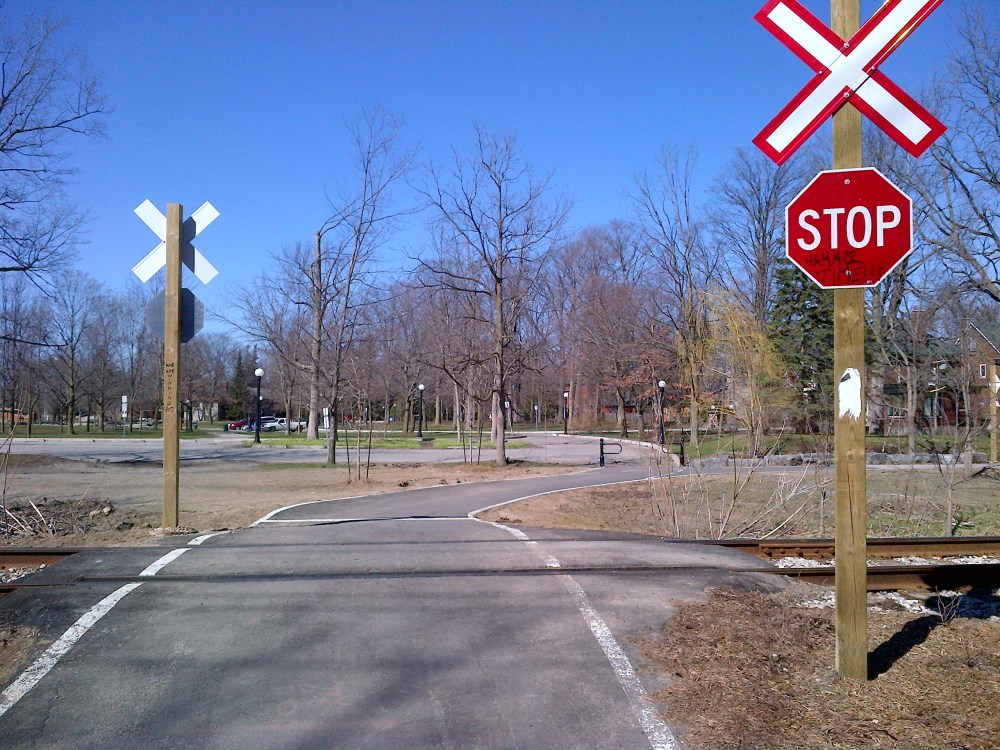 Recent improvements include a stop sign where the trail crosses a set of train tracks. 