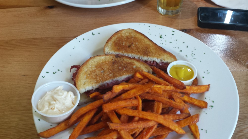 Reuben sandwich and sweet potato fries at Aunt Gussie's restaurant. 
